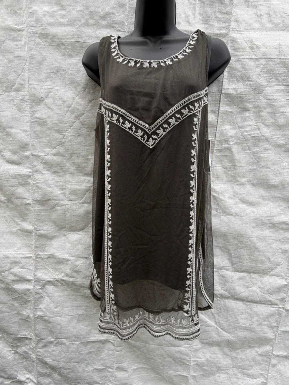 Alfani Sheer Layered Tunic Shirt in Olive Green with Cream Embroidered Trim